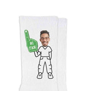 #1 fan sports design with you photo face cropped and digitally printed on the sides of the white cotton crew socks.