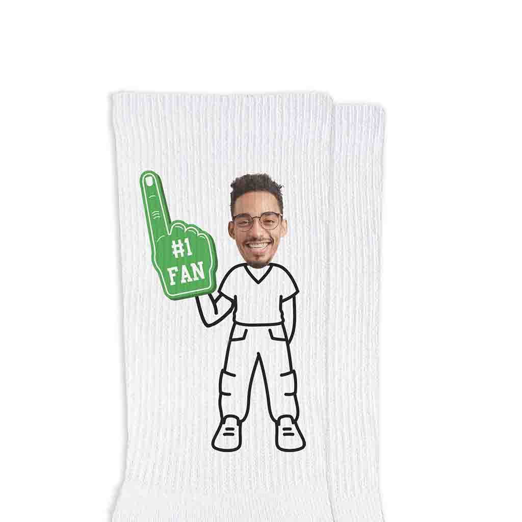 #1 fan sports design with you photo face cropped and digitally printed on the sides of the white cotton crew socks.