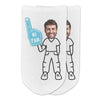 Cool #1 fan foam finger in light blue personalized with your photo face on selected body style digitally printed on white no show socks.