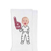 #1 fan sports theme and your photo face custom printed on the sides of white cotton crew socks make a great gift for your teammates.