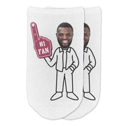 #1 fan foam finger in maroon personalized with your photo face on selected body style digitally printed on no show socks.