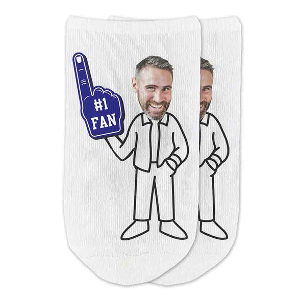 #1 fan foam finger in navy color personalized photo face on selected body style custom printed on white no show socks.