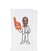 #1 fan orange foam finger design custom printed with your photo face on rib knit crew socks.