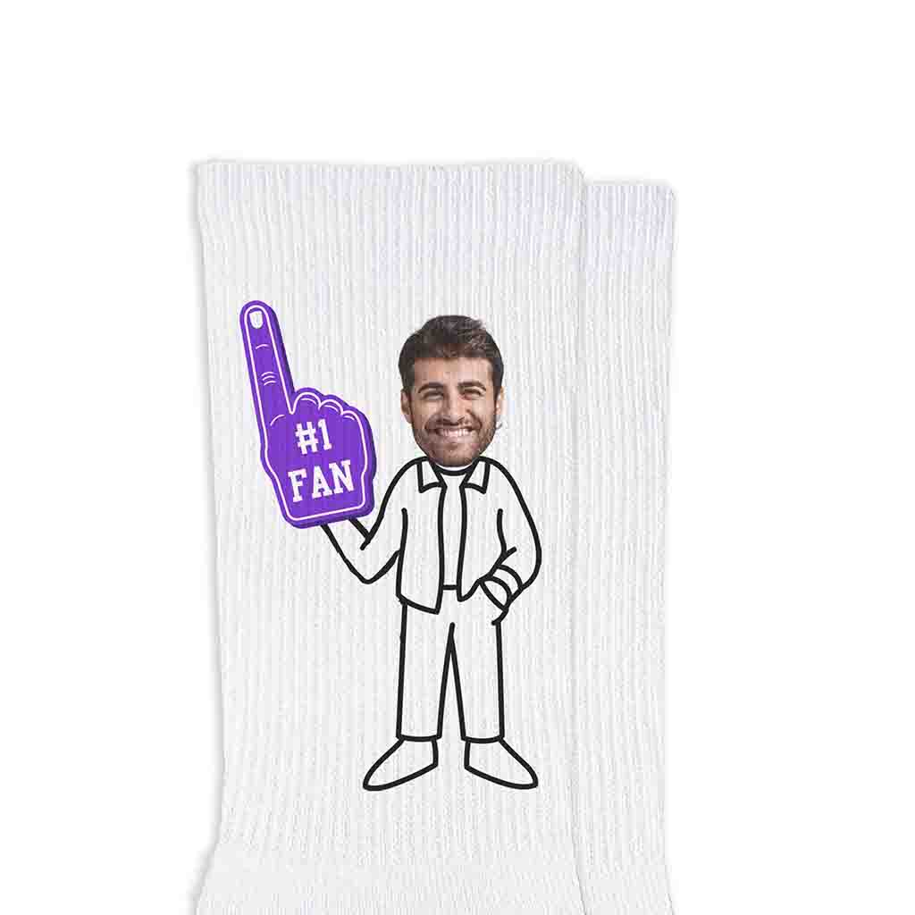 #1 fan purple foam finger design custom printed on white cotton crew socks with your photo face.