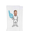 Light blue #1 fan foam finger design custom printed on the sides of white cotton crew socks makes a great accessory to wear to the big game.