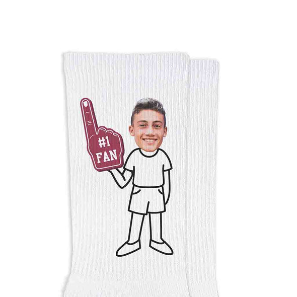 #1 fan design custom printed with photo face on clothing image you select digitally printed on the sides of white cotton no show socks.