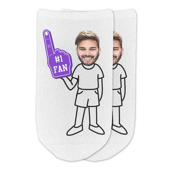 #1 fan foam finger in purple personalized photo face on selected body style custom printed on white no show socks.