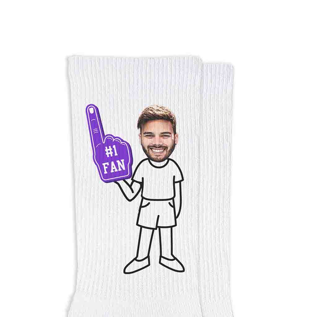 Purple #1 fan foam finger design custom printed on white cotton crew socks.