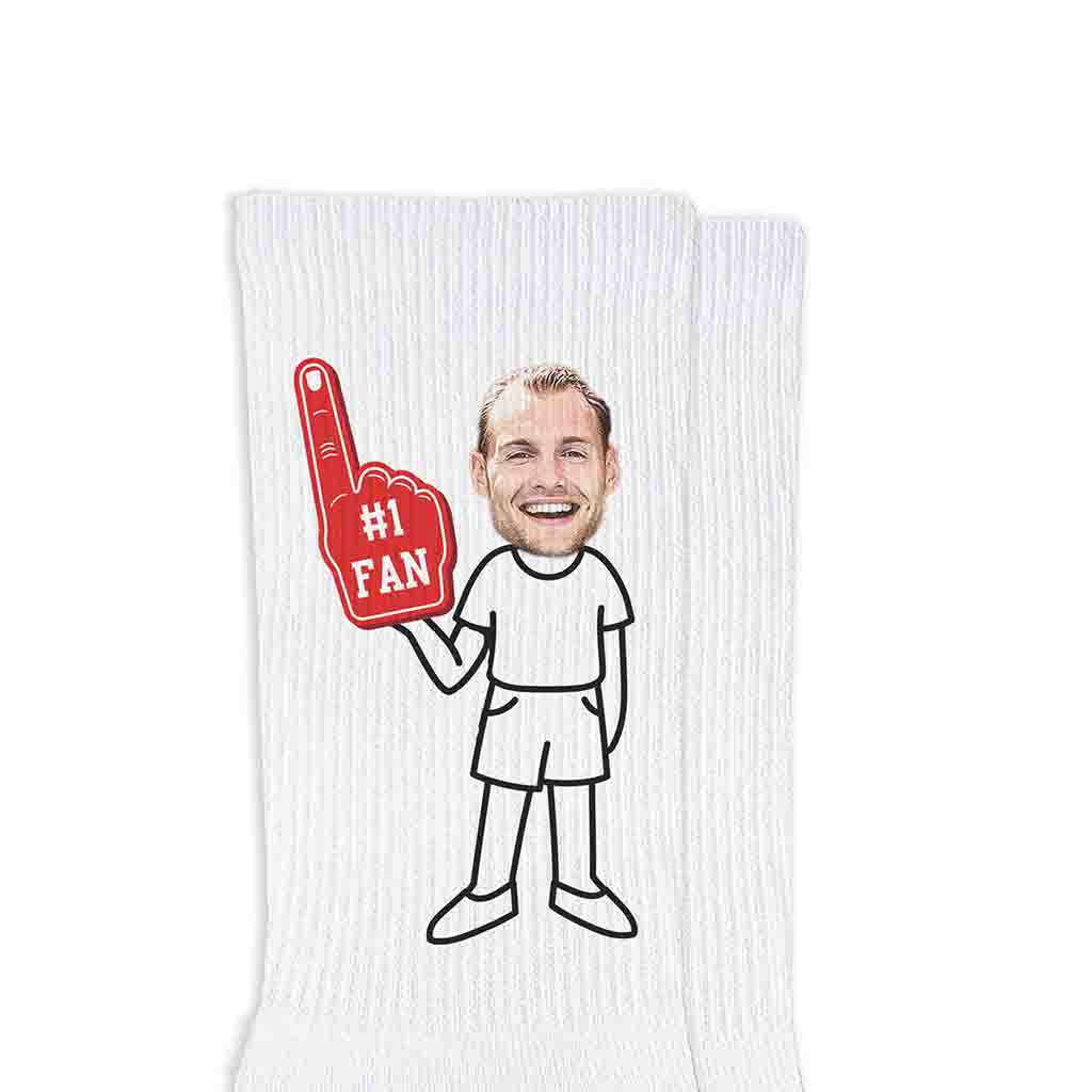 Custom printed #1 fan design with your photo face on the sides of white cotton rib crew socks.