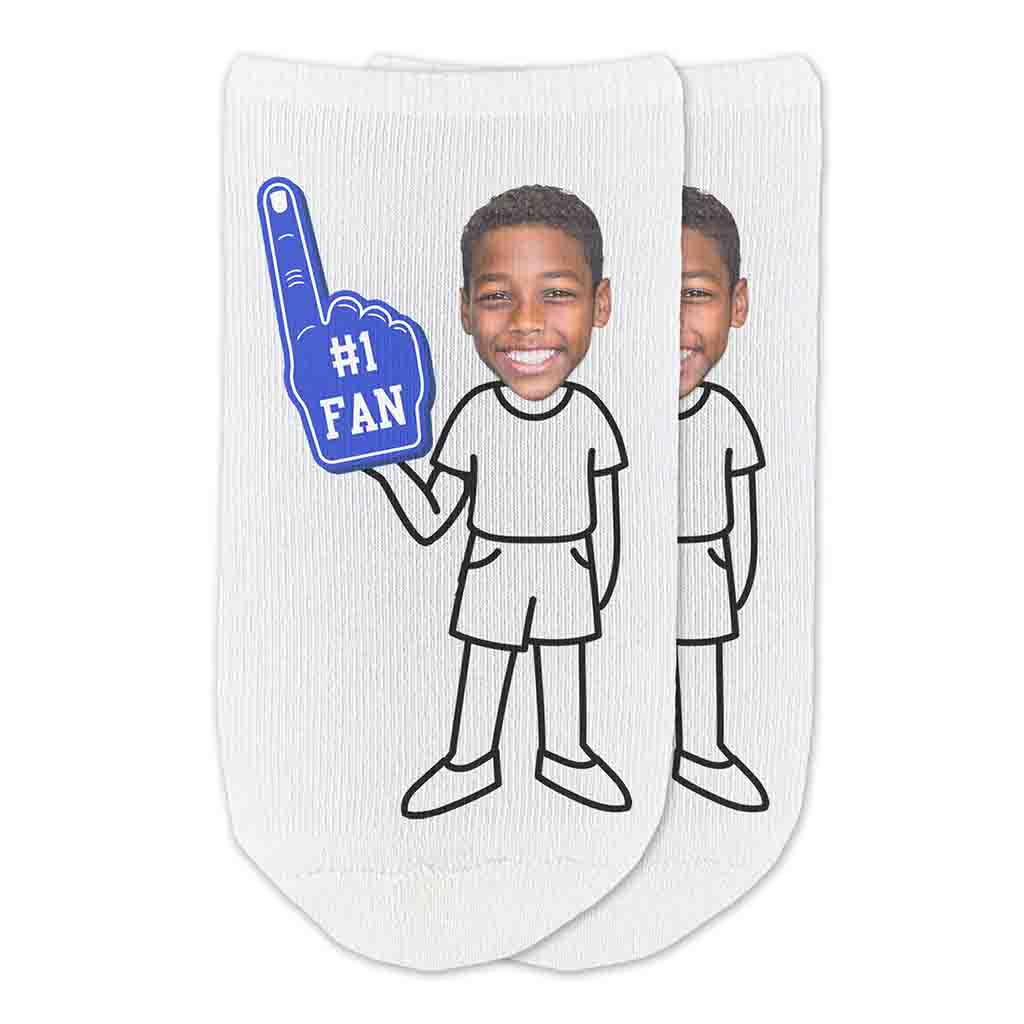 #1 fan foam finger in royal color personalized with your photo face and selected body style on white no show socks.