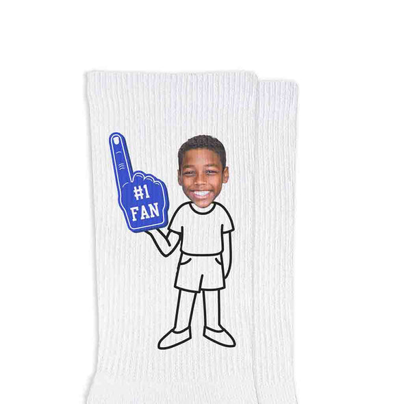 #1 fan custom printed design on your photo face cropped on to character clothing style you select digitally printed on the sides of each pair of white cotton crew socks.