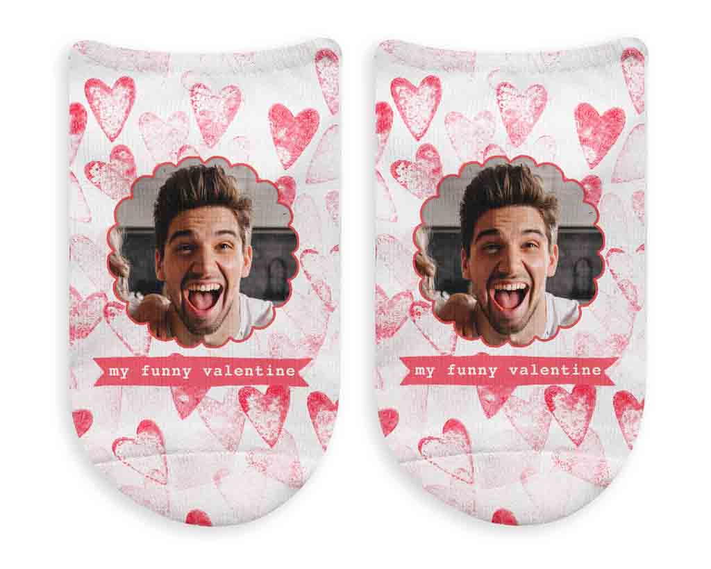 Pink or gray heart background design with my funny valentine and your own photo digitally printed on white cotton no show socks.