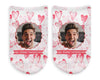 Pink or gray heart background design with my funny valentine and your own photo digitally printed on white cotton no show socks.