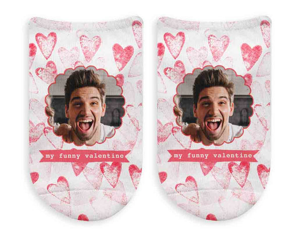 Pink or gray heart background design with my funny valentine and your own photo digitally printed on white cotton no show socks.
