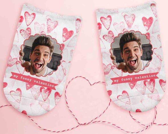 My funny valentine heart design personalized with your photo digitally printed on no show socks.
