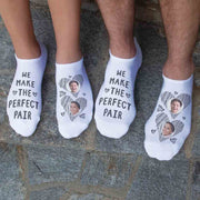 Super cute his and hers valentines day socks custom printed with we make the perfect pair and heart design on no show socks.