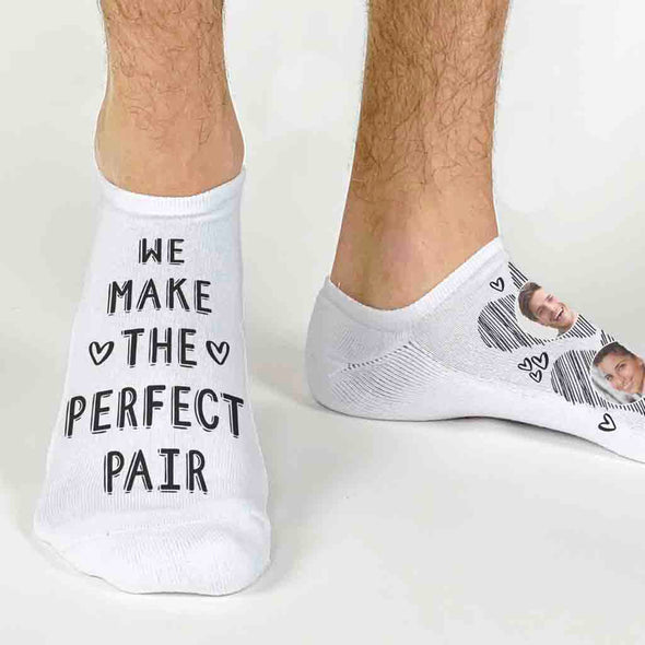 We make the perfect pair custom printed on the top of the no show socks with heart design and your photos.