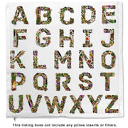 Available letters with nature inspired designs printed on pillow cover.