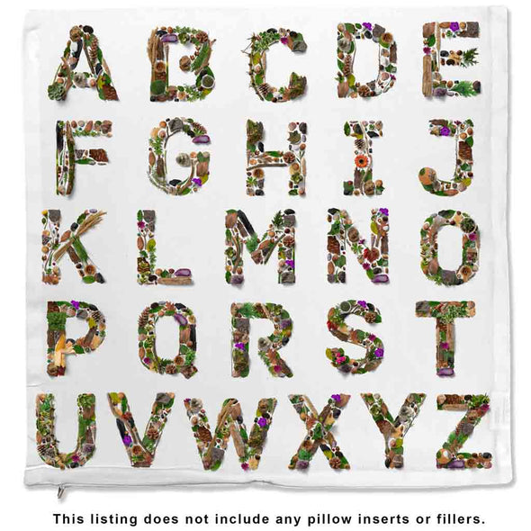 Available letters with nature inspired designs printed on pillow cover.