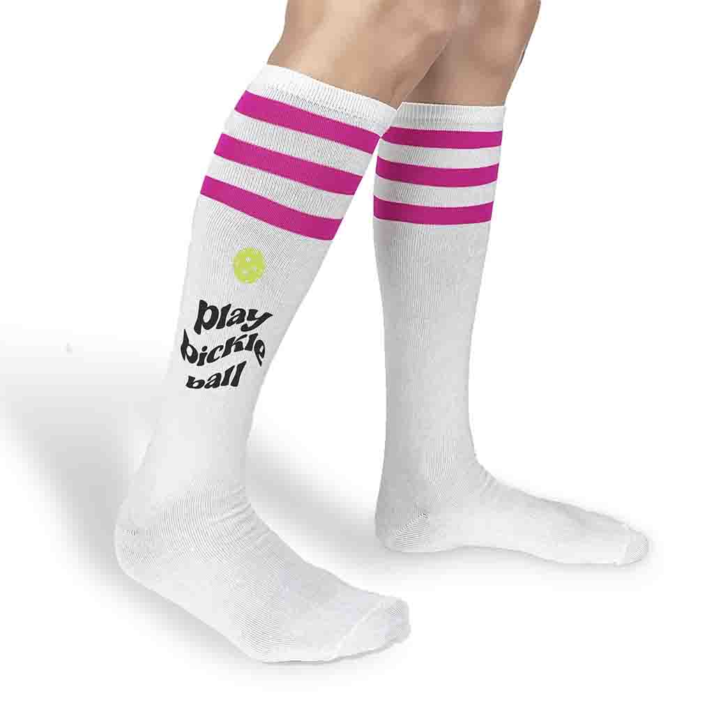 Super cute striped knee high socks custom printed play pickleball on the side of the socks designed by sockprints.