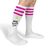 Super cute striped knee high socks custom printed play pickleball on the side of the socks designed by sockprints.
