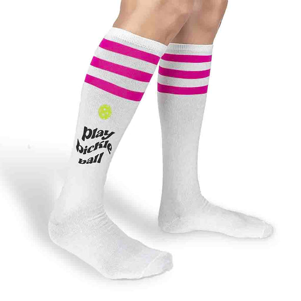 Super cute striped knee high socks custom printed play pickleball on the side of the socks designed by sockprints.