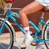 Phi Mu sorority letters and name digitally printed in sorority colors on white crew socks.