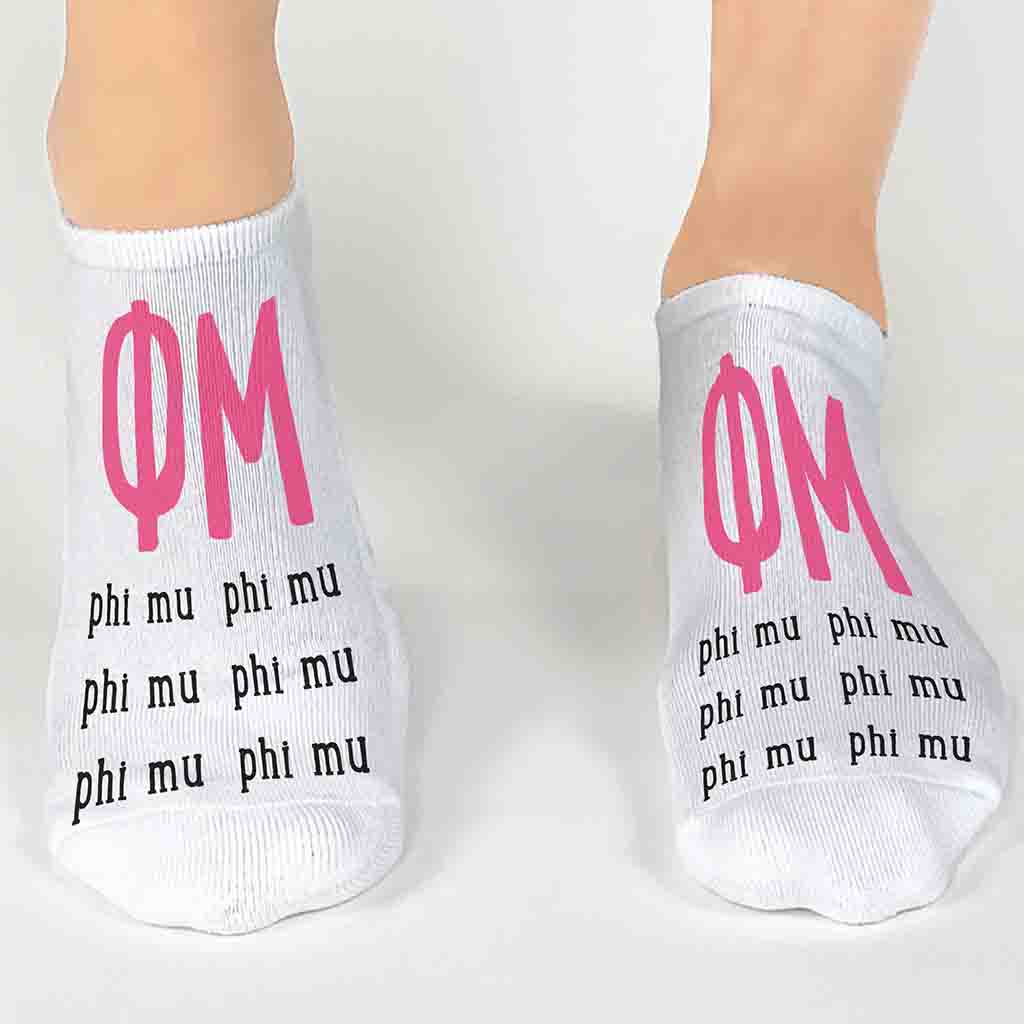 Phi Mu sorority letters and name digitally printed on no show socks.