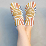 Super cute self affirmation I'm walking on Sunshine design by sockprints printed on no show socks.