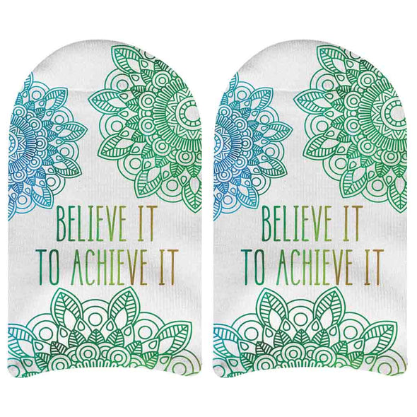 Believe it achieve it positive affirmation design custom printed on white cotton no show socks.