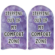 Purple tie dye design and inspiring quote stepping out of my comfort zone printed on no show socks.