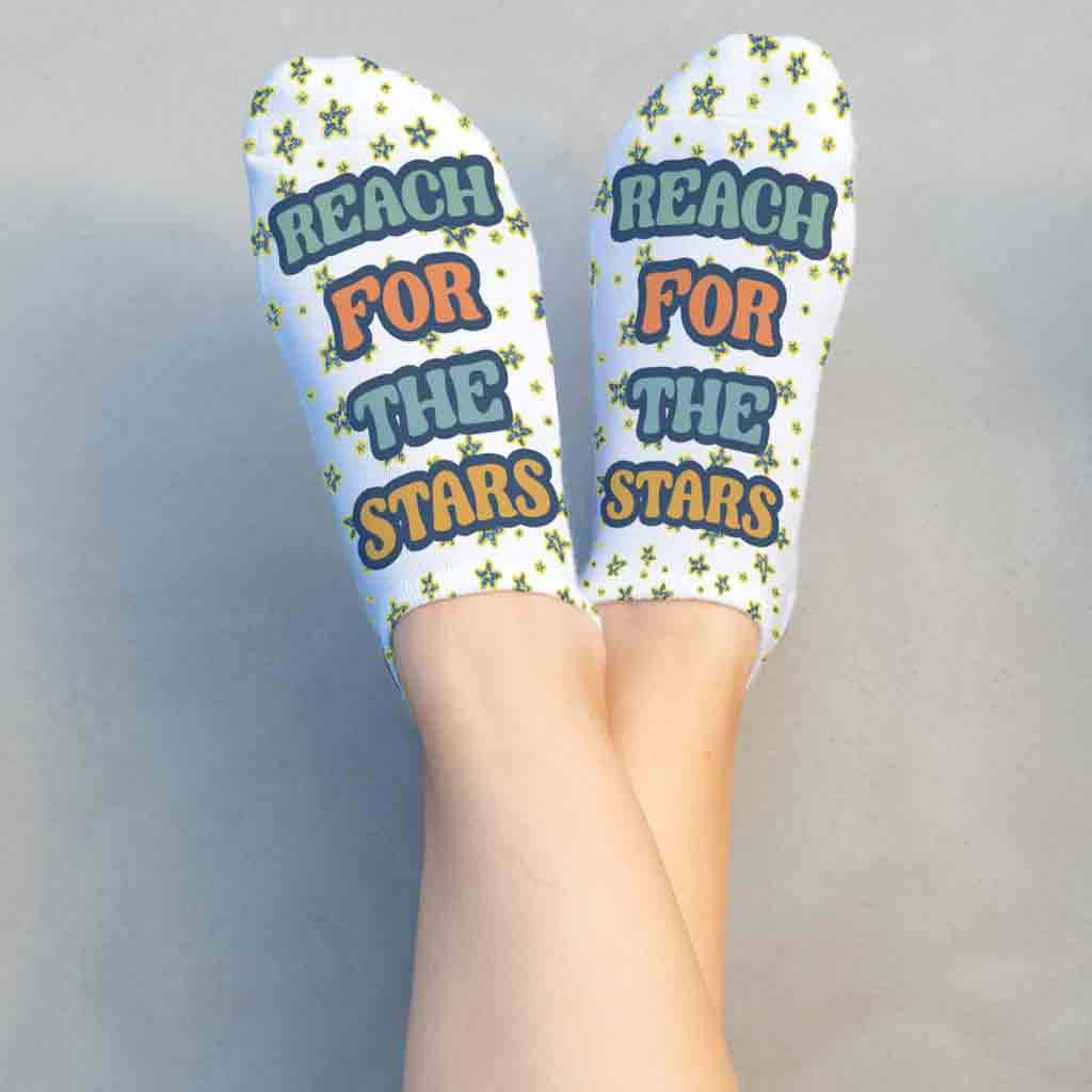 Original design by socksprints with reach for the stars digitally printed on no show socks.