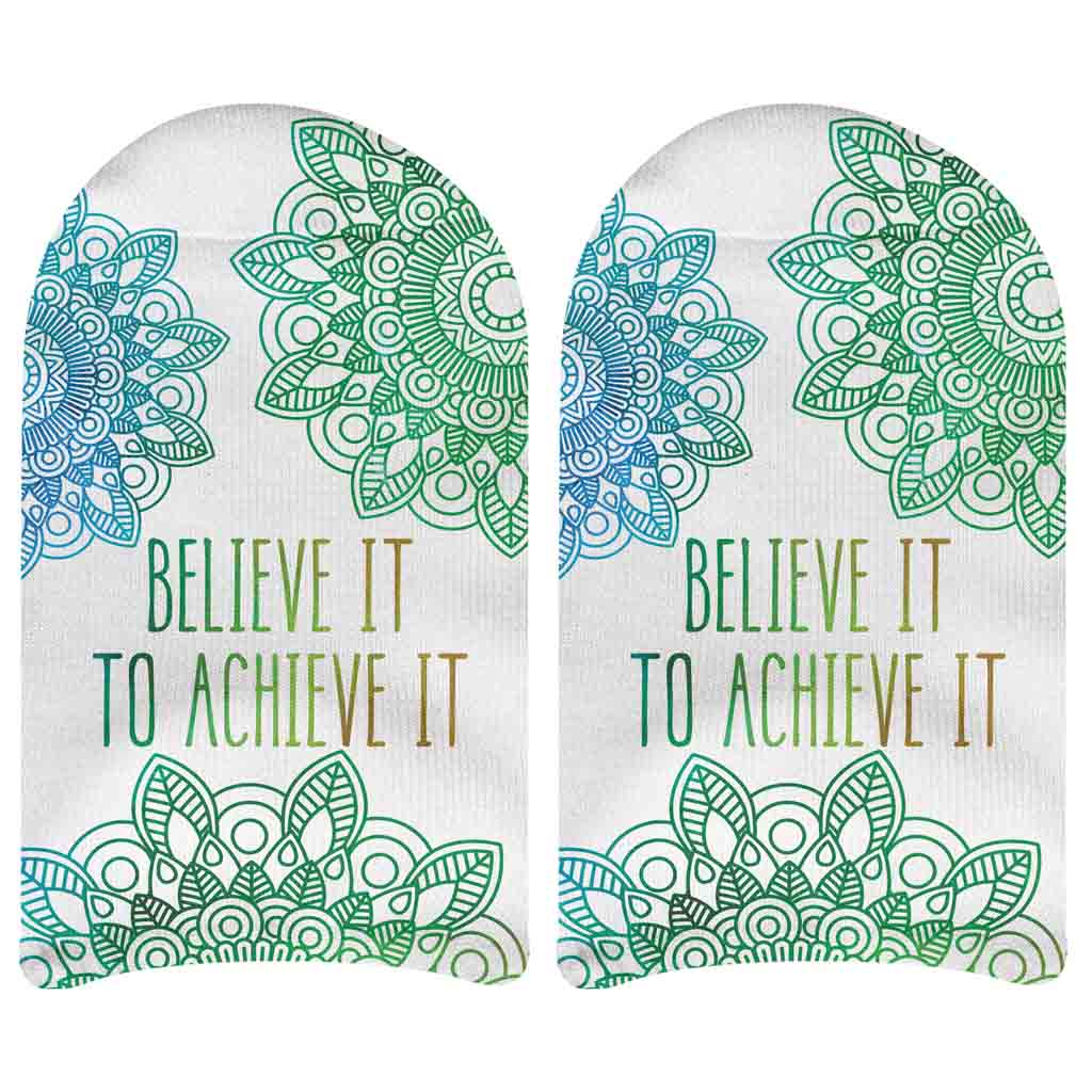 Believe it to achieve it self affirmation positive mantra mandala design digitally printed on no show socks.