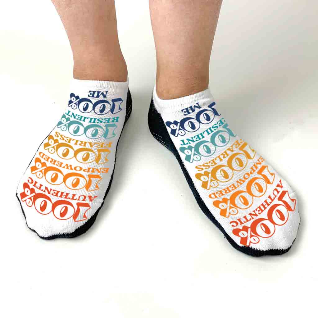 Self affirmation positivity full print design digitally printed on no show socks.