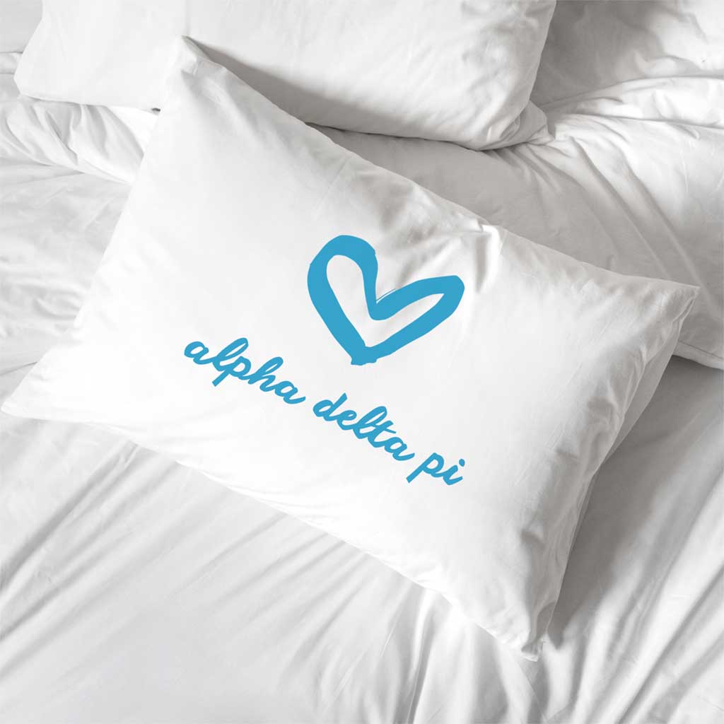 Alpha Delta Pi sorority name with heart design custom printed on pillowcase