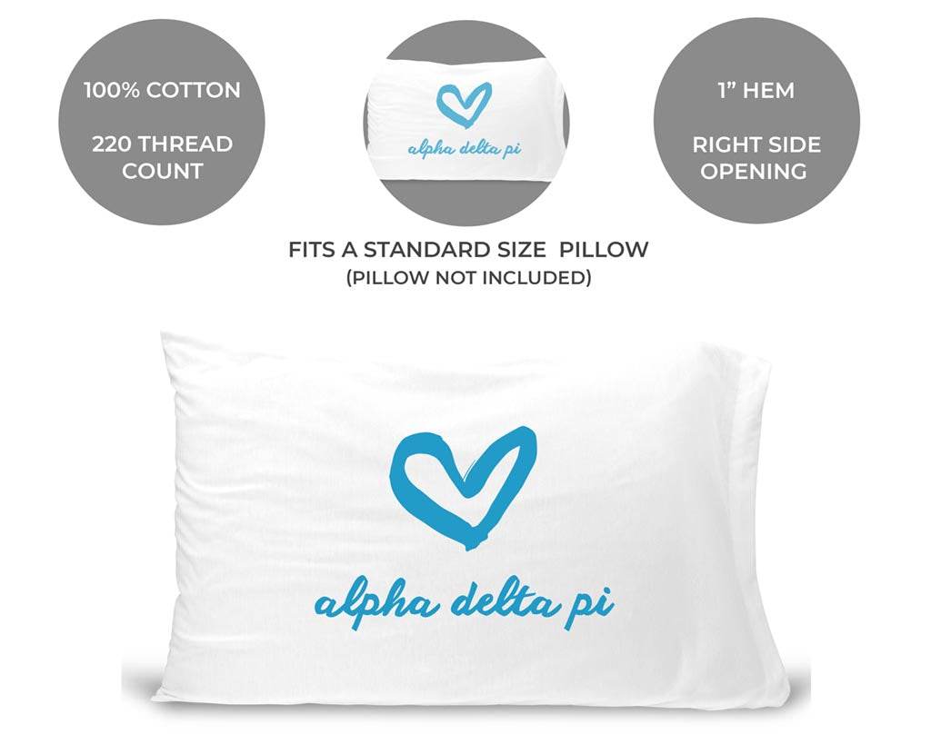 Alpha Delta Pi sorority name and heart design custom printed on pillowcase