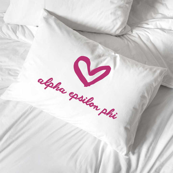 Alpha Epsilon Phi sorority name with heart design custom printed on cotton pillowcase