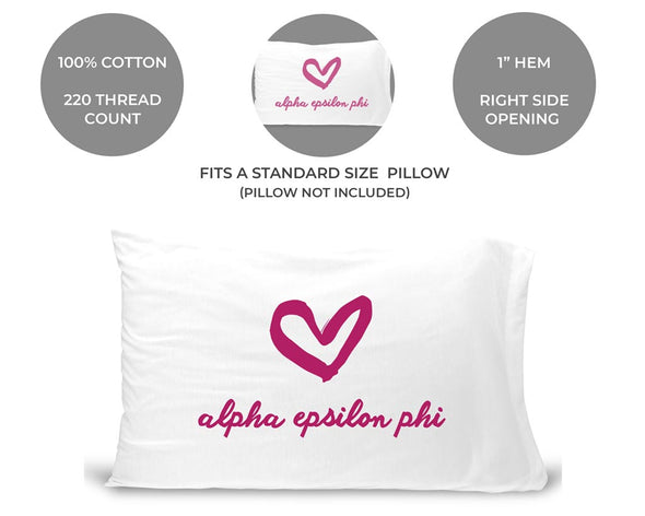Alpha Epsilon Phi sorority name and heart design custom printed on pillowcase