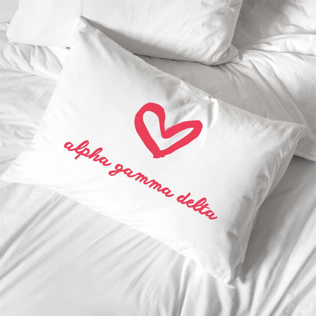 Alpha Gamma Delta sorority name with heart design custom printed on pillowcase