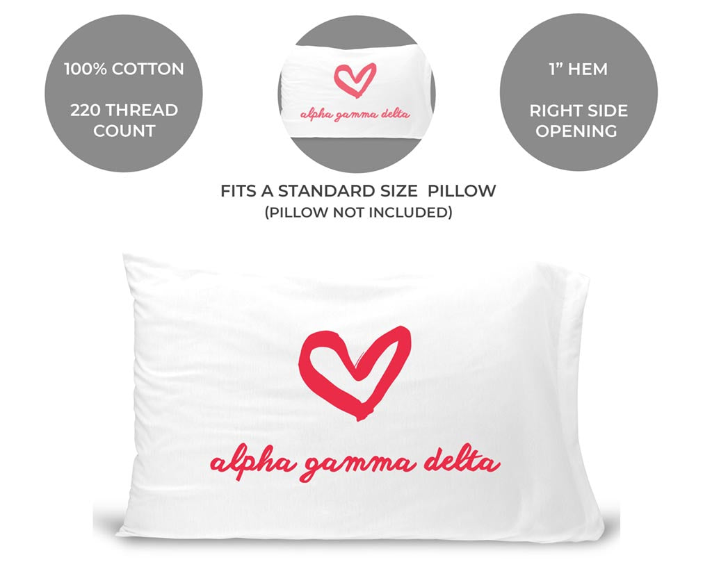 Alpha Gamma Delta sorority name and heart design custom printed on pillowcase