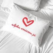 Alpha Omicron Pi sorority name with heart design custom printed on pillowcase