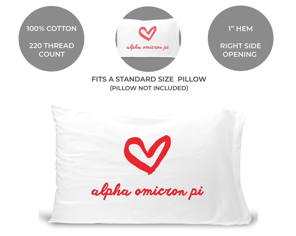 Alpha Omicron Pi sorority name and heart design custom printed on pillowcase