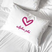 Alpha Phi sorority name with heart design custom printed on pillowcase
