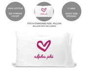 Alpha Phi sorority name and heart design custom printed on pillowcase