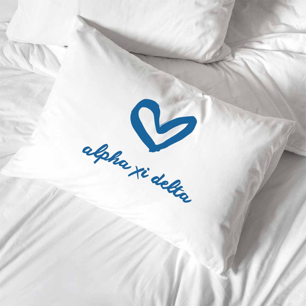Alpha Xi Delta sorority name with heart design custom printed on pillowcase