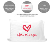 Alpha Chi Omega sorority name and heart design custom printed on pillowcase