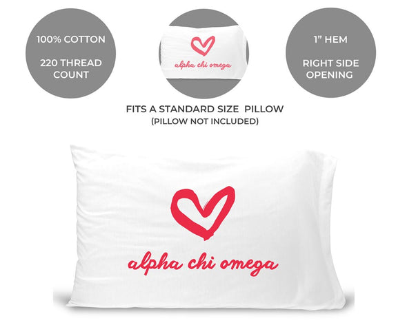 Alpha Chi Omega sorority name and heart design custom printed on pillowcase
