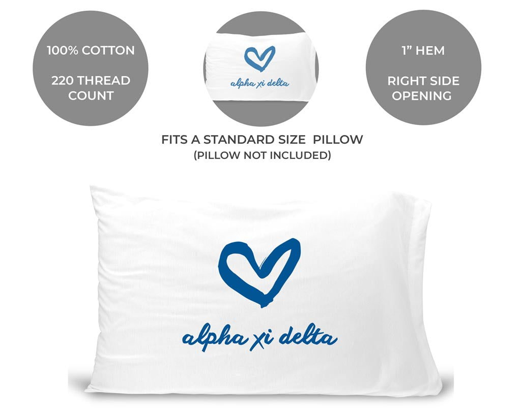 Alpha Xi Delta sorority name and heart design custom printed on pillowcase