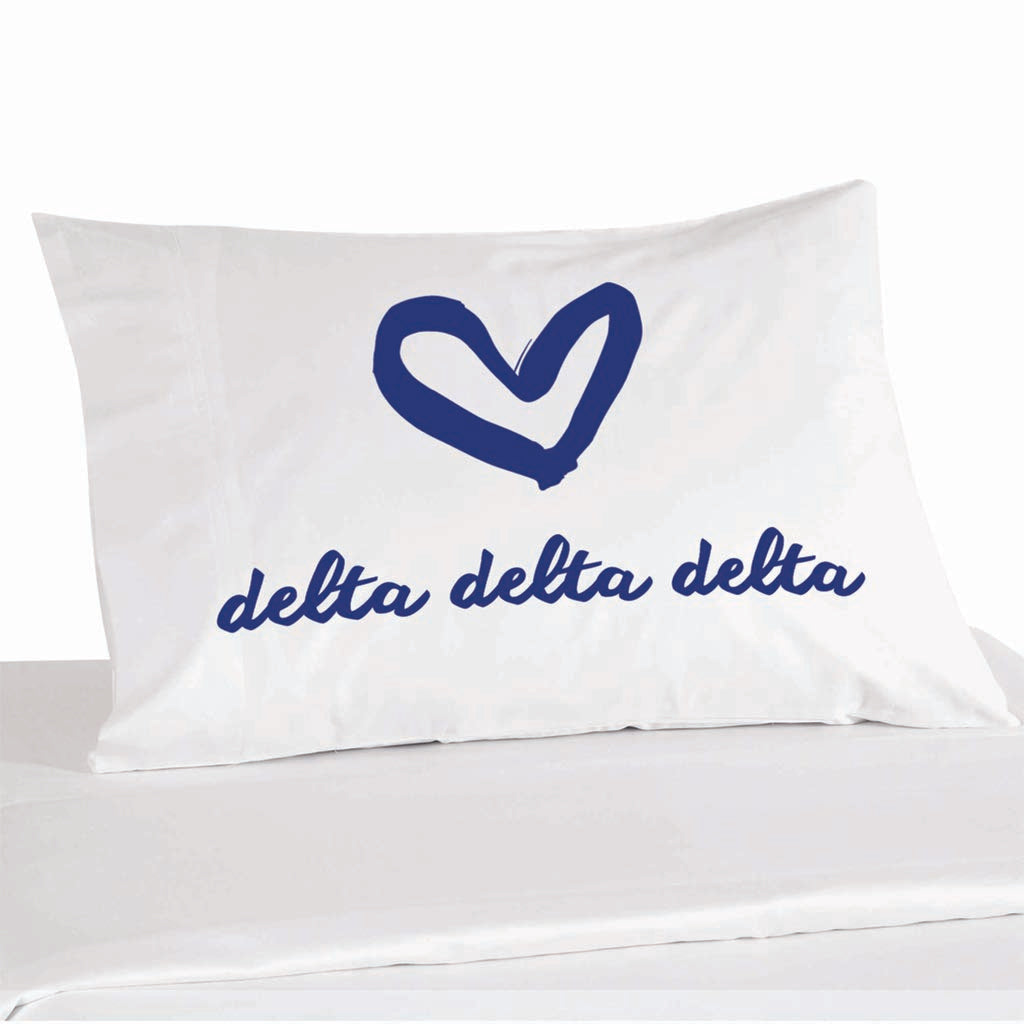 Delta Delta Delta sorority name with heart design custom printed on pillowcase