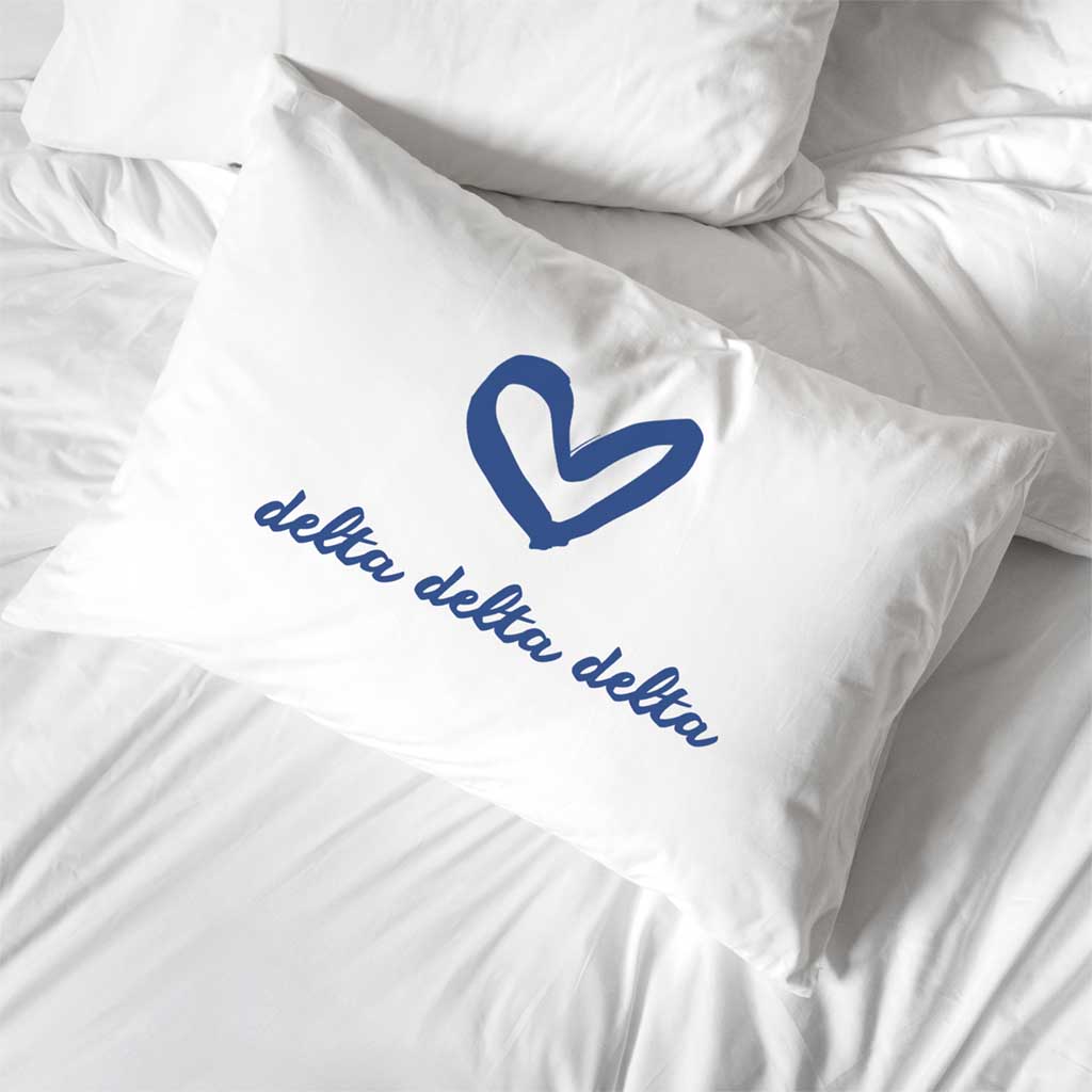 Delta Delta Delta sorority name with cute heart design printed on pillowcase